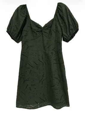 LC Lauren Conrad Petites Eyelet Mini Dress Puff Sleeve Olive Green Size PM NWT